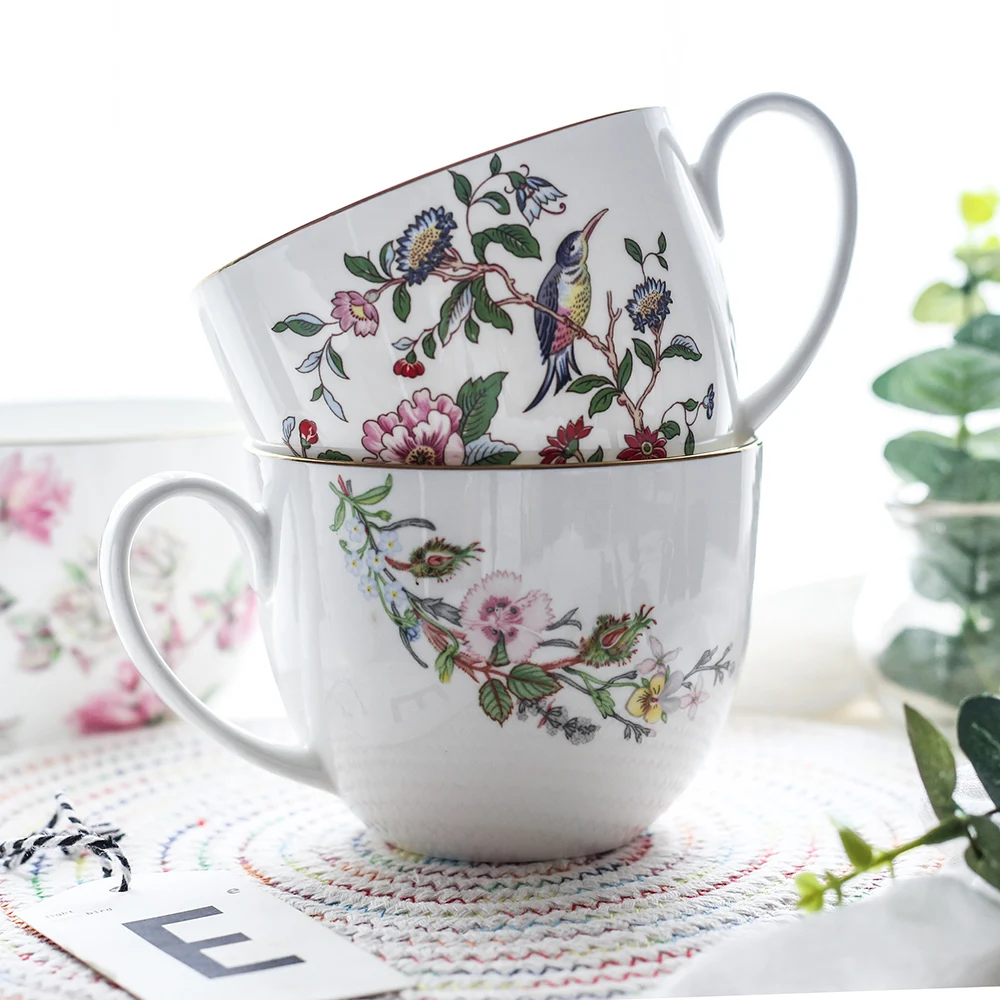 750 Ml 25 OZ Bone China Mug Ceramic Cup for Coffee Milk Cereal Tea Instant Noodles Creative Rose Bird Flower Pattern