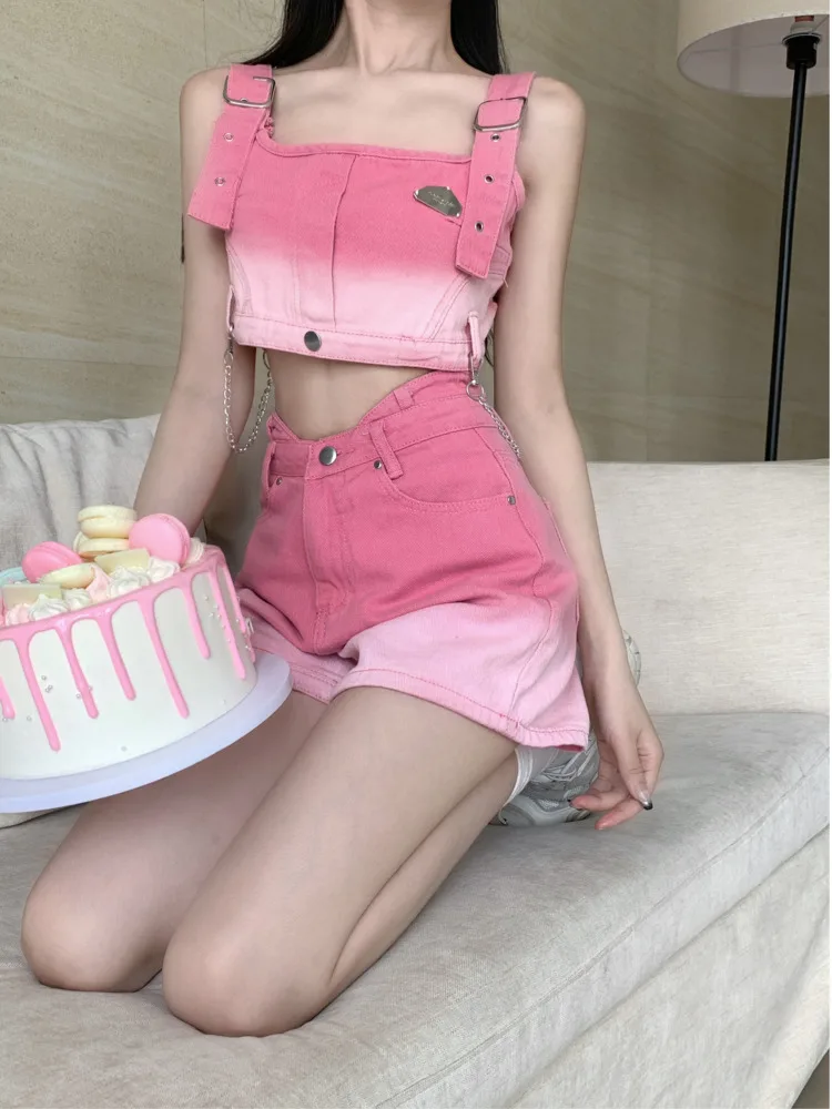 

Summer 2025 Trendy Women's Chic Denim Sets High Waist Gradual Pink Jeans Slimming Fashionable Streetwear Hot Girl Two-piece