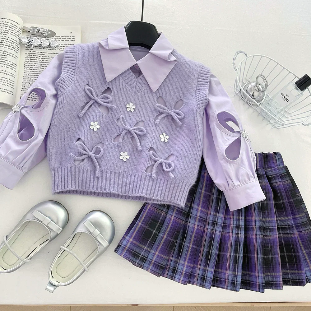 

Children Girls Clothes Sets Autumn Spring Kids Baby Girl Knitted Vest and Pleated Skirt 3pcs Clothing Suit Girl Sweet Plaid Sets