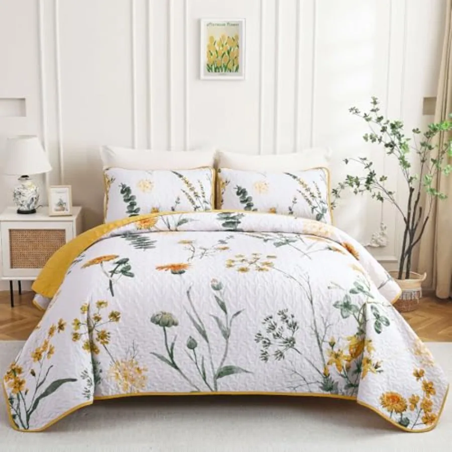 

Yellow Quilt Queen Size Set Floral Botanical Quilt Bedding Set 3 Pieces Soft Lightweight Microfiber Queen Bedspread Coverlet Se