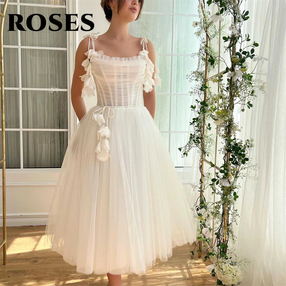 

ROSES Simple White Evening Dress O-Neck Tulle A-Line Tiered Corset Prom Dress with Pleats Spaghetti Strap 프롬드레스 Party Dresses