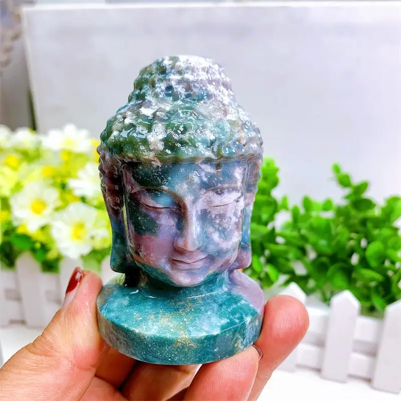 Imagem -02 - Centímetros de Cristal Natural Buda Cabeça Estatueta Oceano Jasper Quartzo Mão Gravura Artesanato Budismo Estátua Feng Shui Home Decor Pcs 8