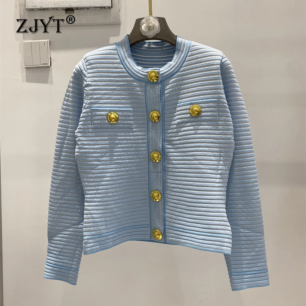 

ZJYT Autumn Winter Women's Striped Cardigans Coat Knitted Top Long Sleeve Elegant Casual Mini Skirt Female Knitwears Jersey