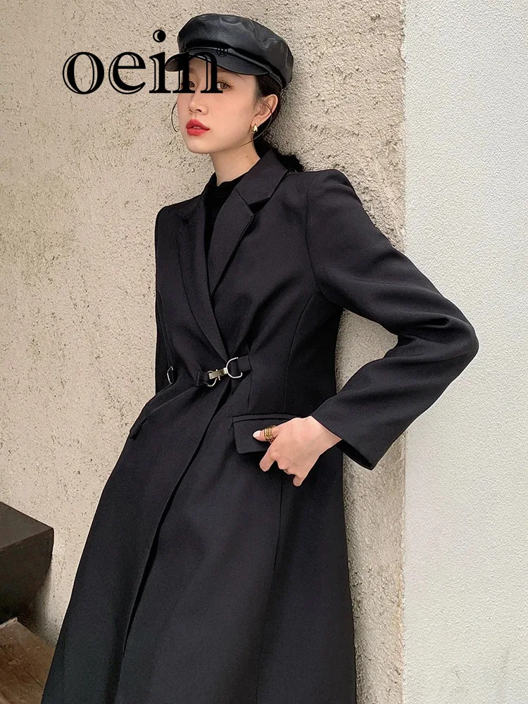 [oein] 2024 Autumn  Niche Suit Jacket With Metal Buttons, Shoulder Pads, Slim Fit Coat, Women's Knee Length Windbreaker  Cotton