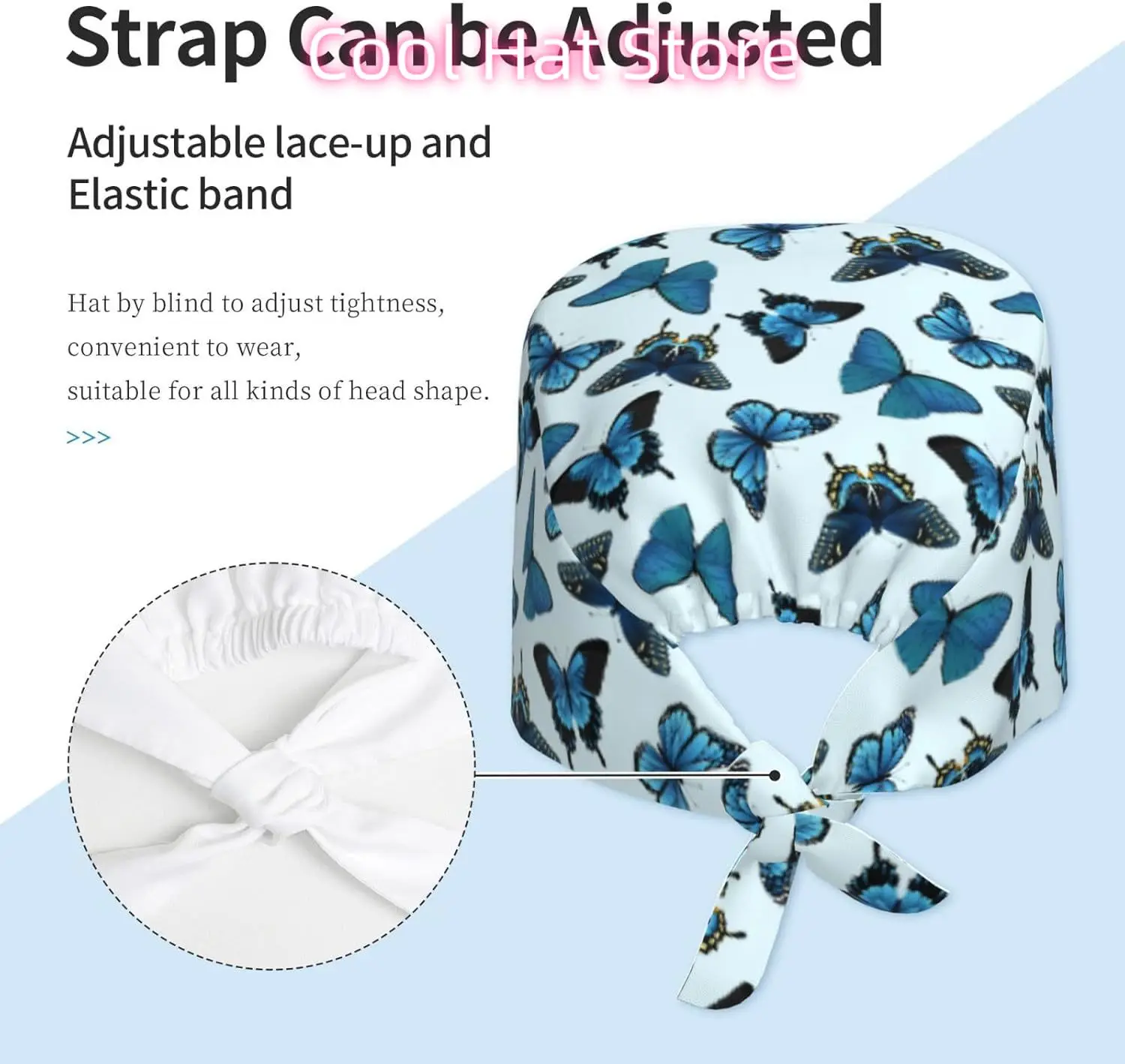 Topi Kerja Kupu-kupu Biru dengan Pita Penahan Keringat Nyaman dan Bernapas Dapat Disesuaikan untuk Topi Scrub Pria Wanita