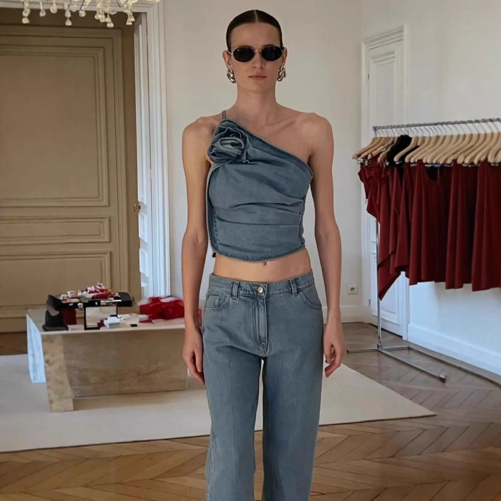 

customized women's adult fashion clothing rose three-dimensional decoration backless denim camisole single shoulder strap vest