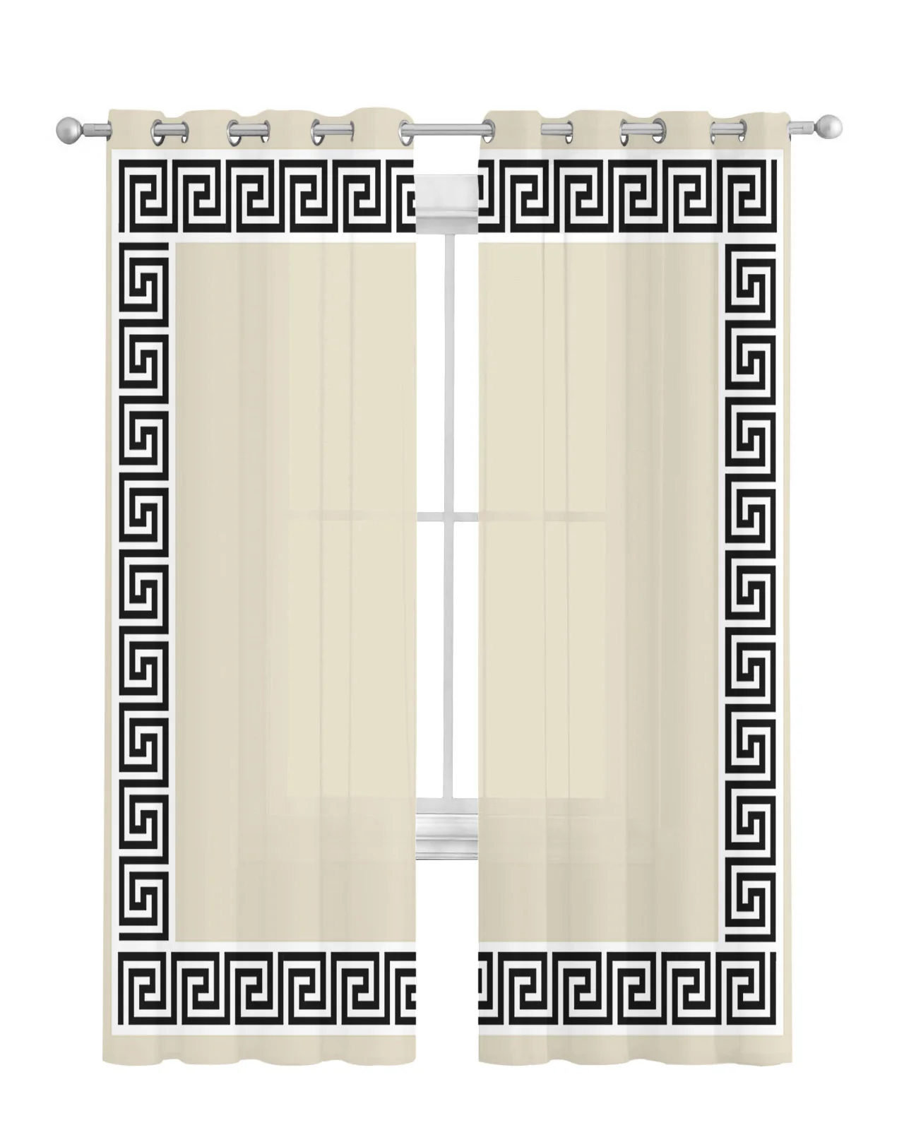 Beige Geometric Greek Key Design Pattern Tulle Living Room Decoration Transparent Sheer Curtains Bedroom Kitchen Voile Drapes