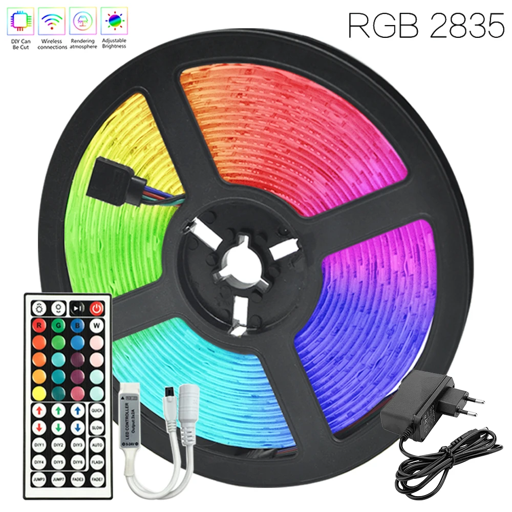 16.4 ft (5M) DIY Mode Color Changing LED Strip 12v RGB 2835 EU Plug Infrared Remote Control For Bedroom Kitchen Home Decoration