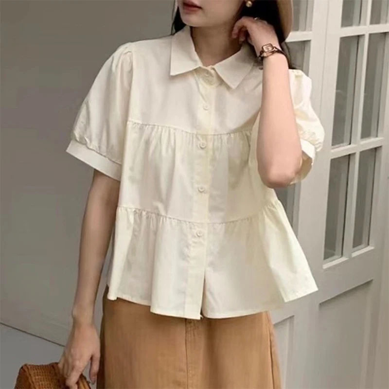 

Women's Button Down Shirt Loose Slim Fit All-match Lapel Short Sleeved Cardigan Tops Collared Dressy Casual Blouse Tops