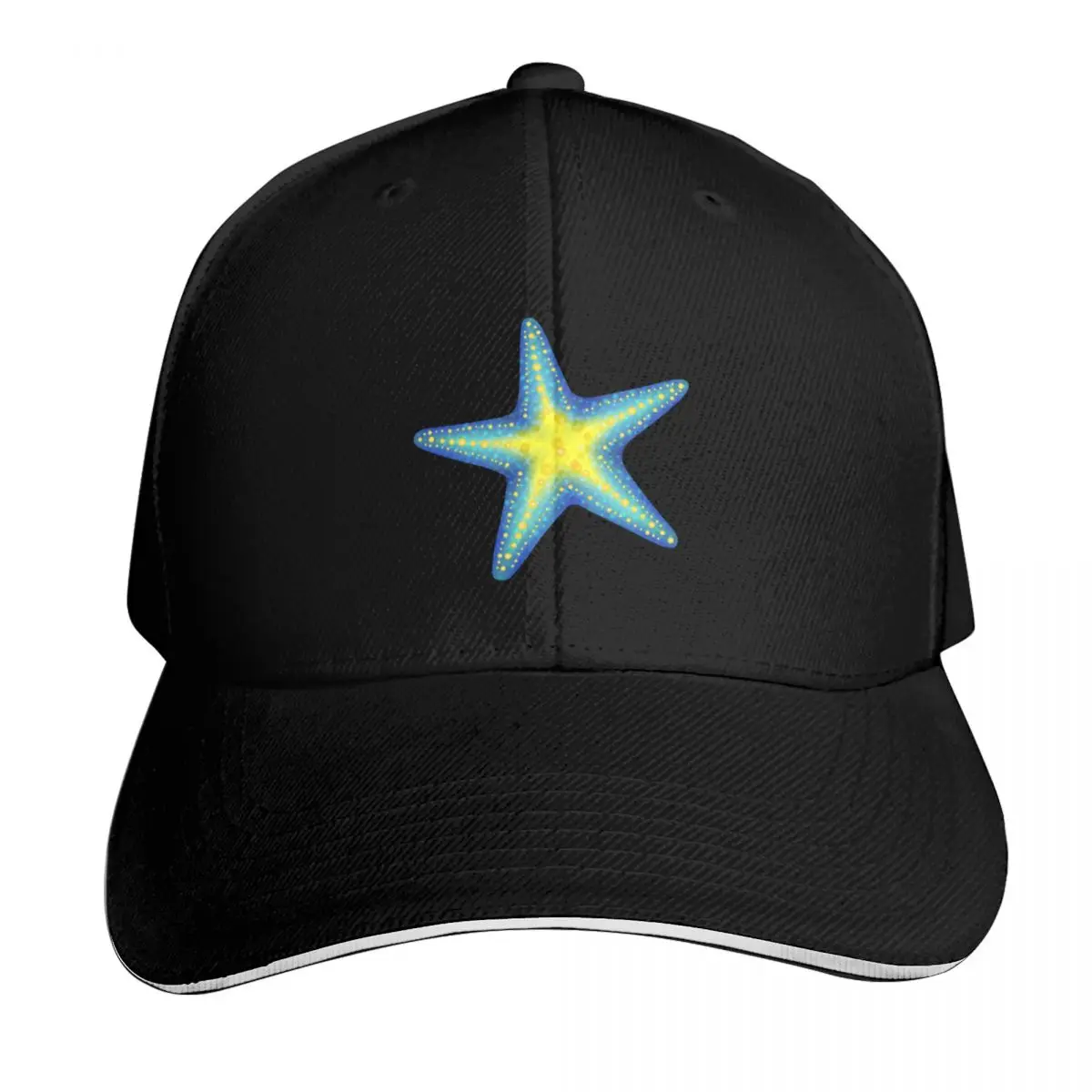 Brightly Coloured Blue & Yellow Starfish Baseball Cap Contrast Two Tone Brim Snapback Flat Bill Strapback Dad Hat