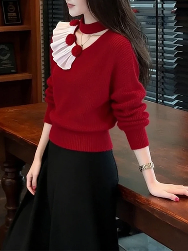 

Faionable Red Knitted Sweater ort Sle for Women Casual Loose Fit Long Sve V-Ne Top High Quali Autumn Winter New ...