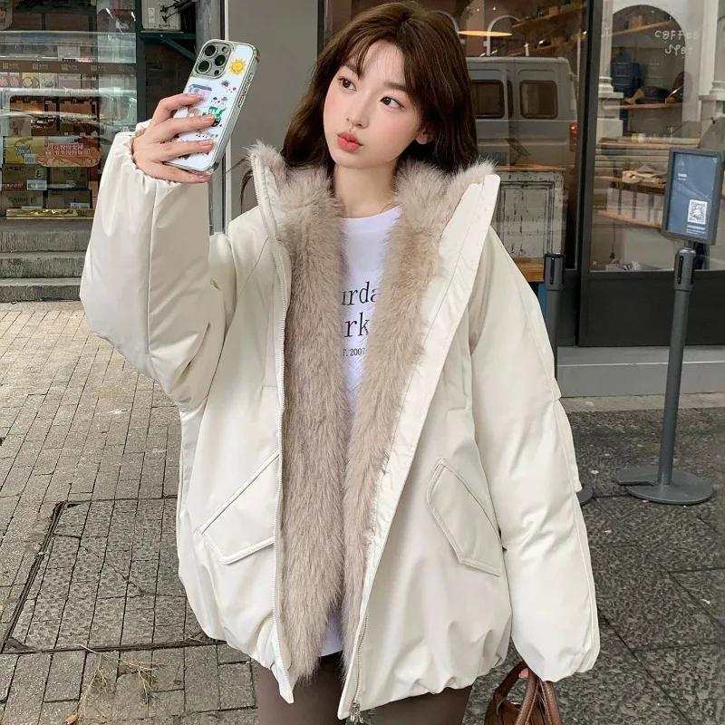 New Short Padded Jacket Women Fur Hood Trim Fur Panel Zip Front Slant Pockets Oversize Solid Puffy Fall Winter Trendy