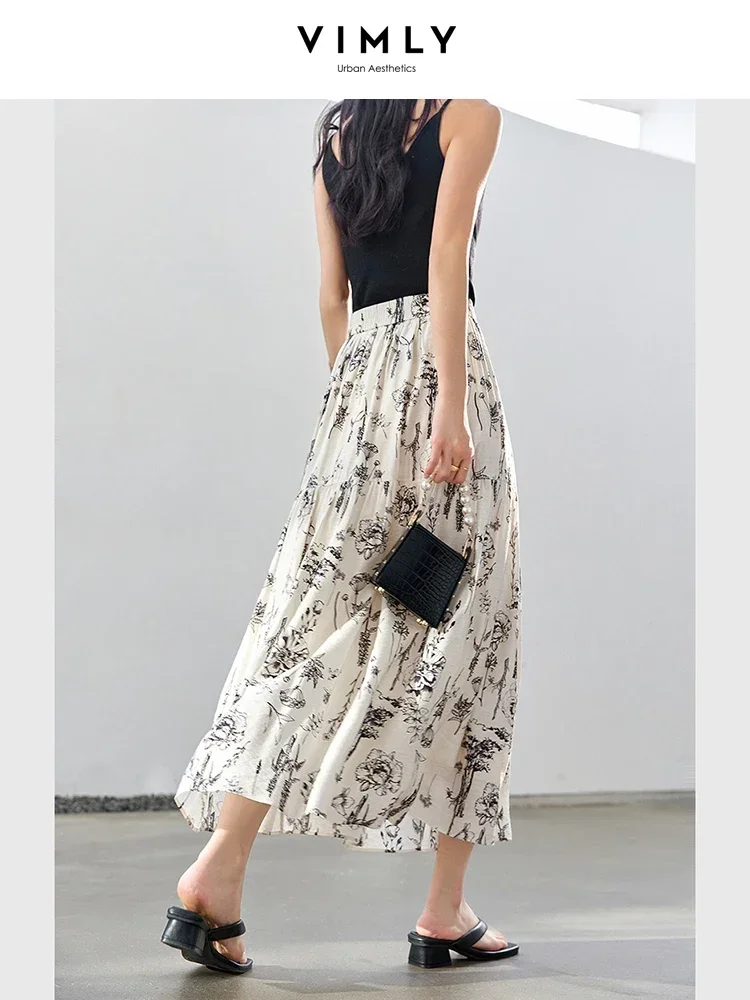 VIMLY 女性エレガントシックな花柄プリントプリーツスカート 2025 秋オフィスレディ弾性ウエスト A ラインスイングミディレディーススカート A0093