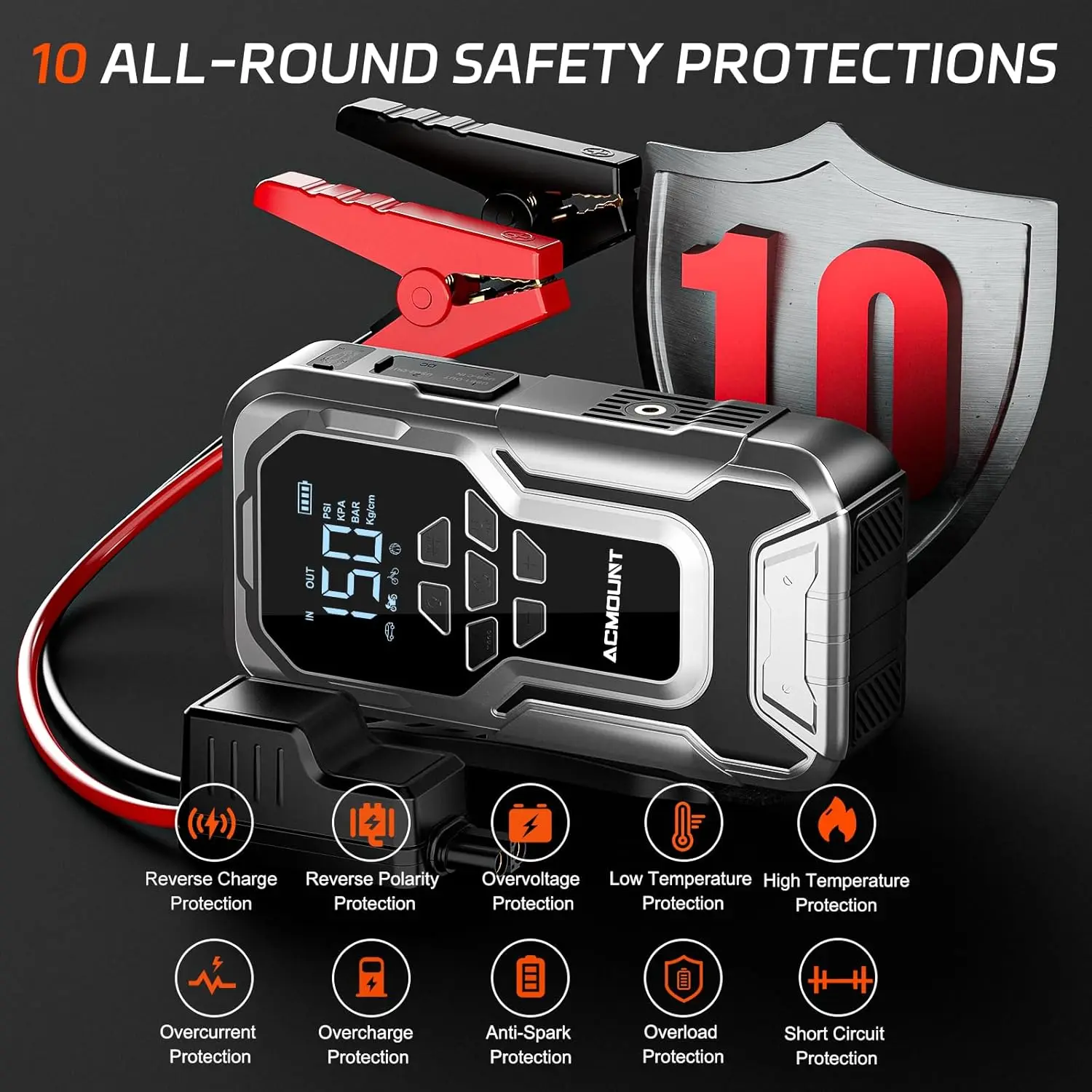 6000A Car Jump Starter with Air Compressor, 150PSI Tire Inflator, Power Bank & LED Light for Emergency Kit