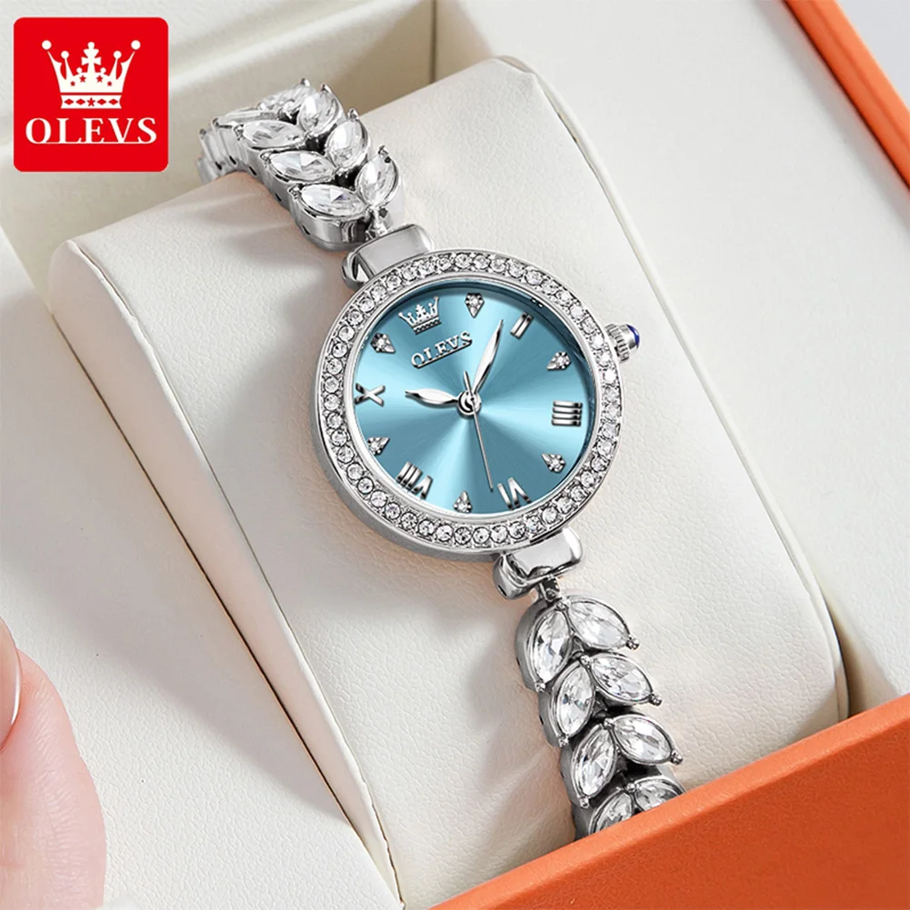 OLEVS 9971 Original Brand Women's Watches Diamond Strap Stainless steel Waterproof Quartz Watch for Women Blue Ladies Wristwatch