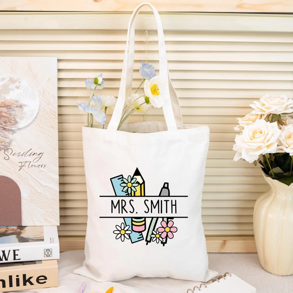 Custom Name Teacher Tote Bag Personalized Floral Cute Pencil Canvas Tote Bag Teacher Appreciation Gift Shopping Trip Bag