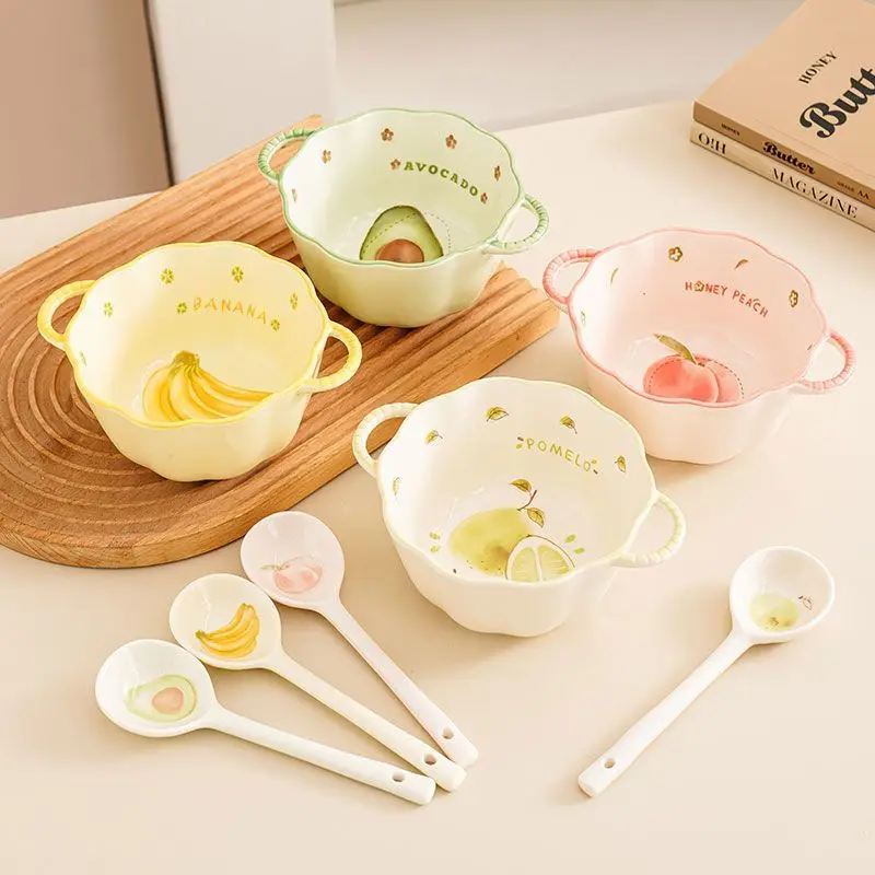 Double Ear Pumpkin Soup Bowl Spoon,Fruit Illustration Underglaze Color Large Capacity Household Dormitory Instant Noodle Bowl