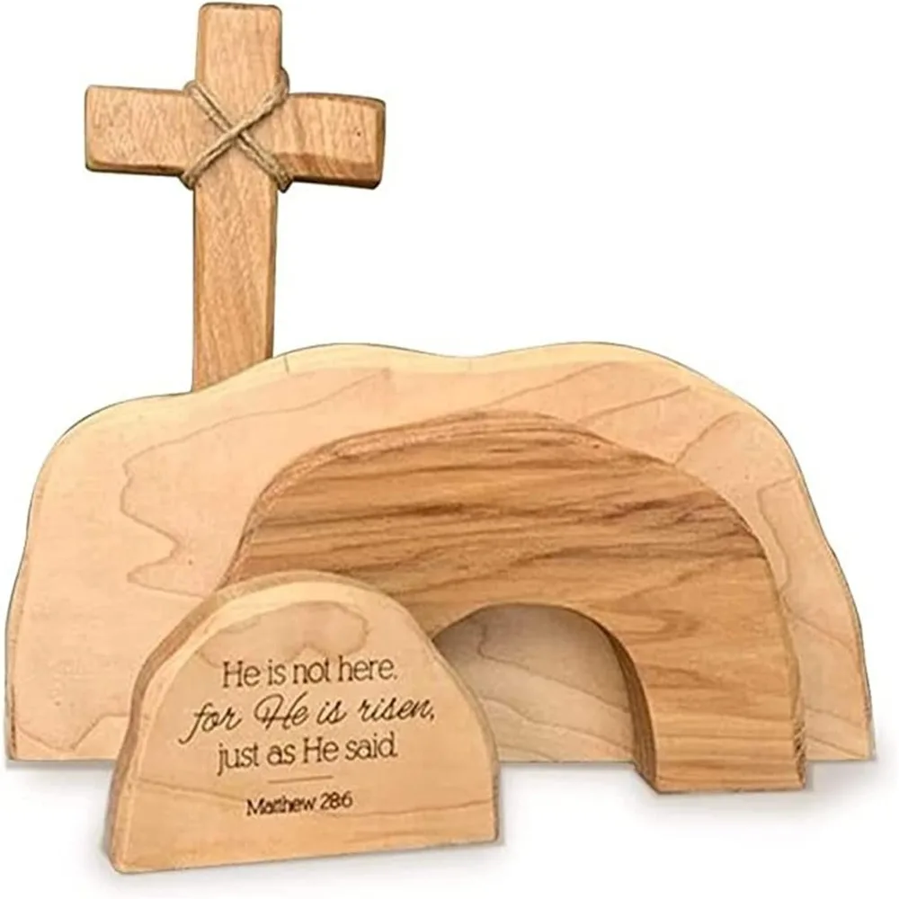 Empty Tomb Easter Decor Easter Resurrection Scene and Cross Decoration Set He is Risen Wooden Jesus Sign Tomb Easter Tray Decor