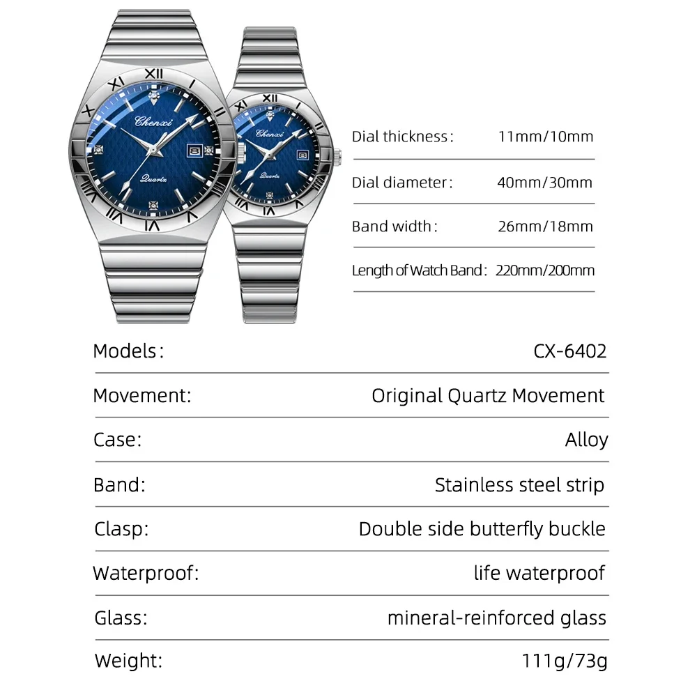 CHENXI Quartz Couple Watch Rhinestone Stainless Steel Watch Luxury Brand Brief Lovers Waterproof Watch Women's Watches