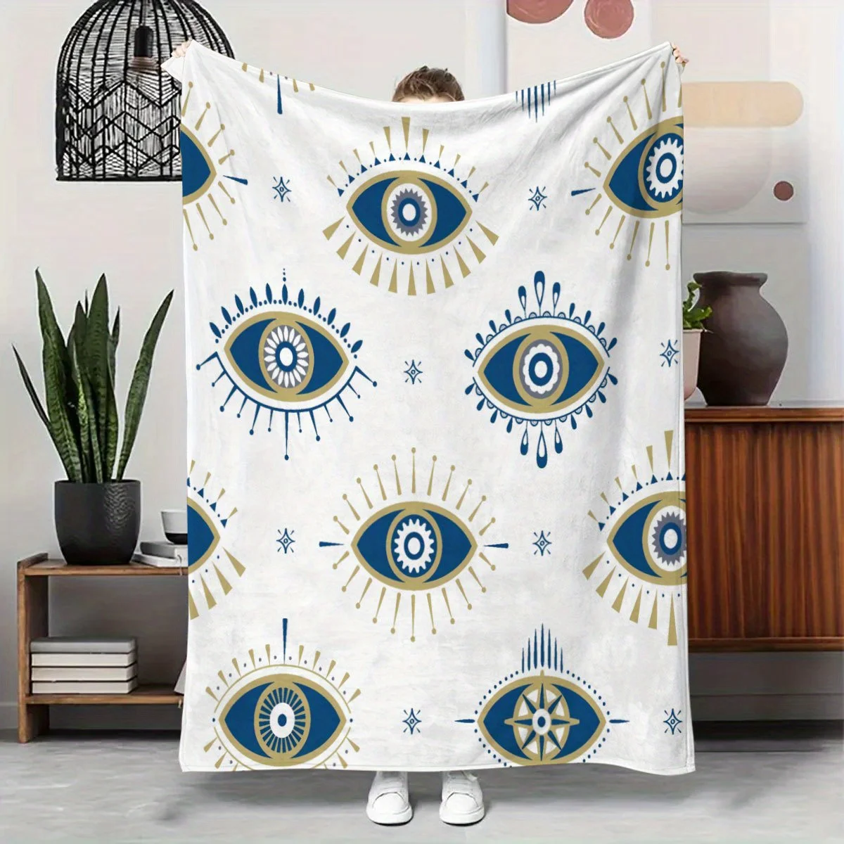 

1pc blue and gold geometric pattern blanket, polyester fabric, machine washable, suitable for bedroom living room decoration