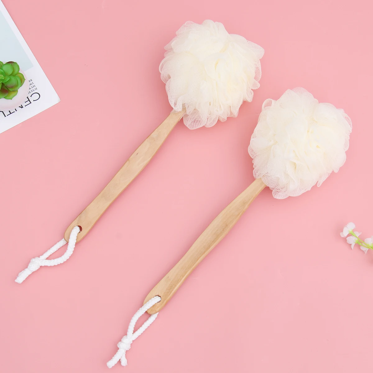 

3pcs Nylon Long Handle Bath Balls Portable Shower Scrubber Gentle Exfoliating Tool For Back Massage Bath Flower With Handle