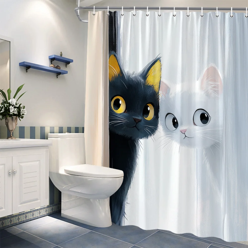 

1 шт., занавеска для душа с игривым мультяшным котом — черно-белые выглядывающие кошки, дизайн с пастельным фоном