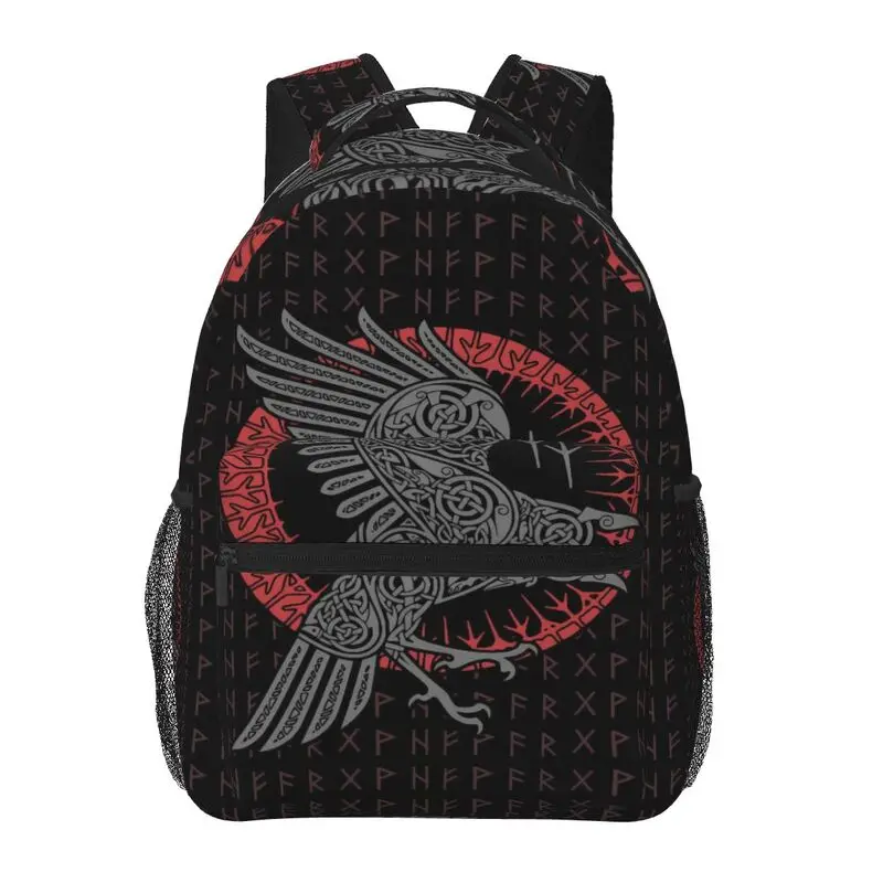 Viking Odin's Ravens Runes Art Print Laptop Backpack for Boys Girls School Student Bookbag Unisex Travel Hiking Camping Daypack