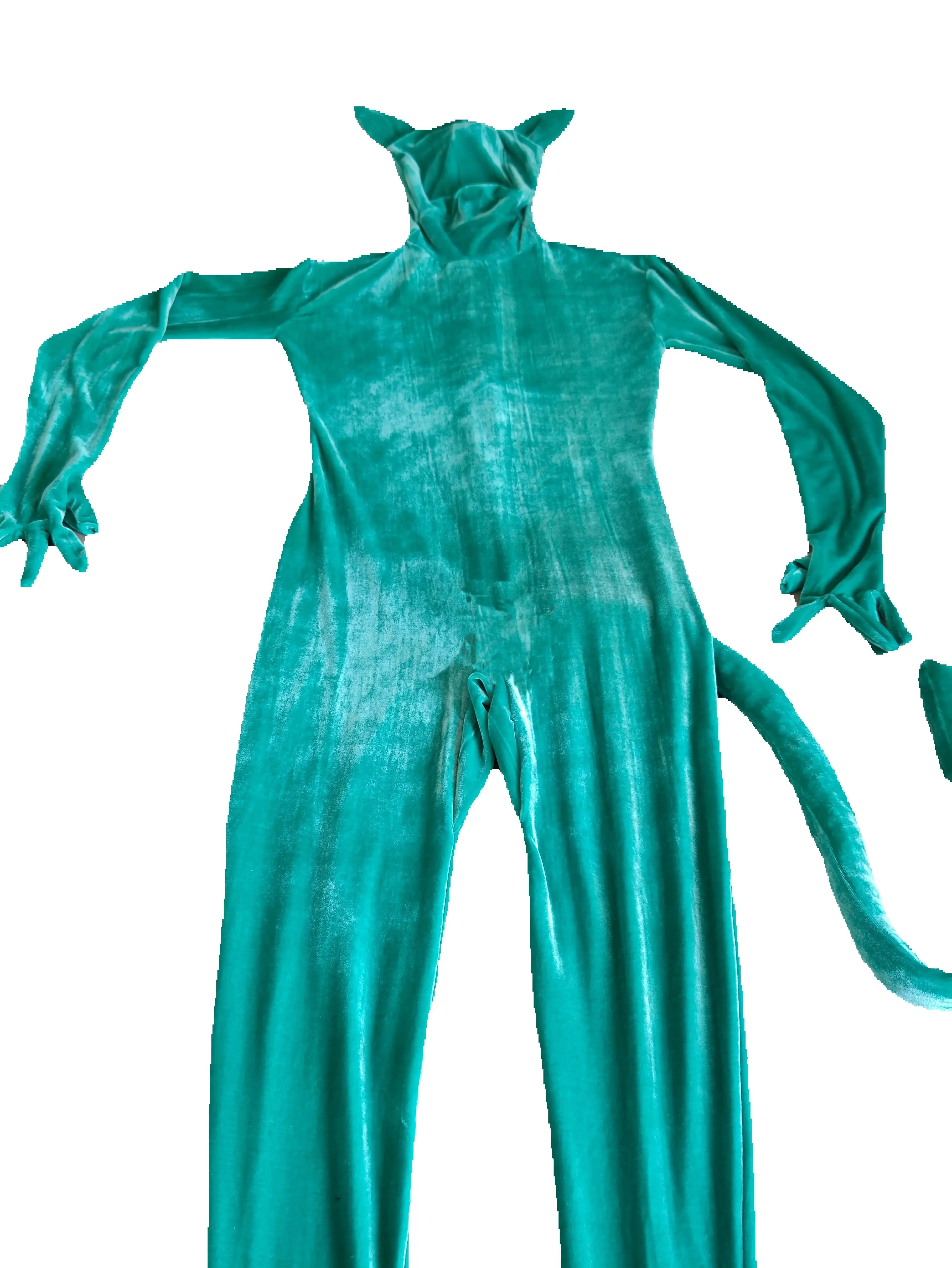 Costume cosplay anime di Halloween Tuta di velluto verde con orecchie e coda Tuta intera Zentai Abiti in maschera