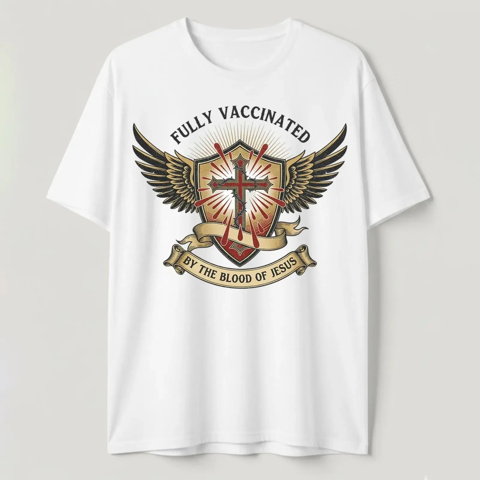 Christian Angel Wings Cross T Shirt Fully Vaccinated By Jesus Blood Religious vintage Washed Comfortable Slightly Versatile