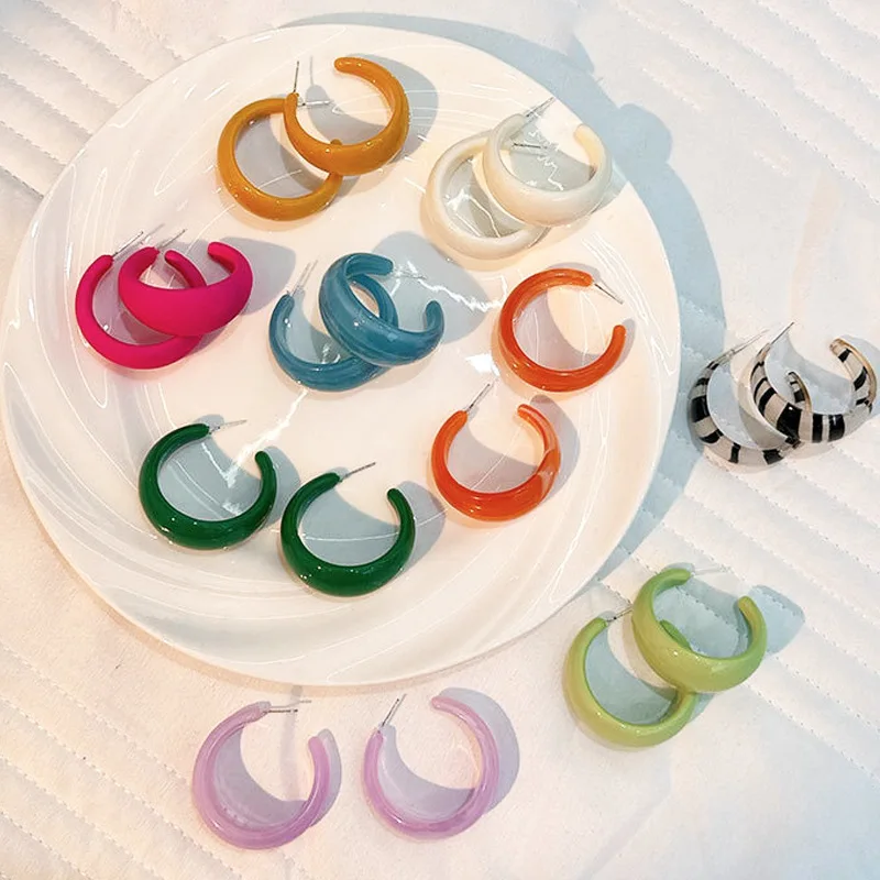 Simple Acrylic C-shaped Earrings Fashion Colorful Geometric Metal Round Epoxy Neon Big Earring Korean Piercing Jewelry for Women