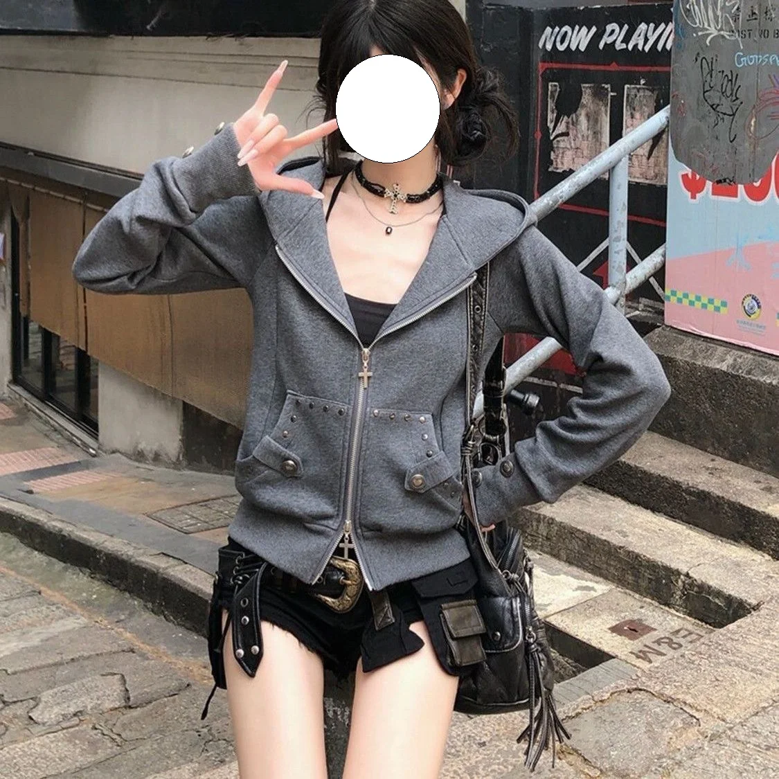 American Style Pure Desire Short Spiked Hoodie Cardigan for Women Autumn Winter Slimming Jacket Y2K Trendy Biker Chic