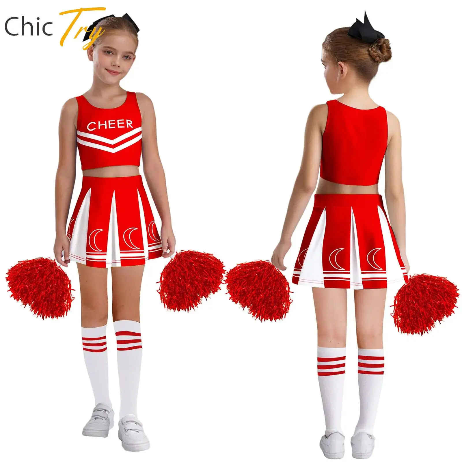 

New Kids Girls Cheerleading Performance Outfit Sleeveless Crop Top with Pleated Skirt Hand Flowers And Socks for Birthday Party