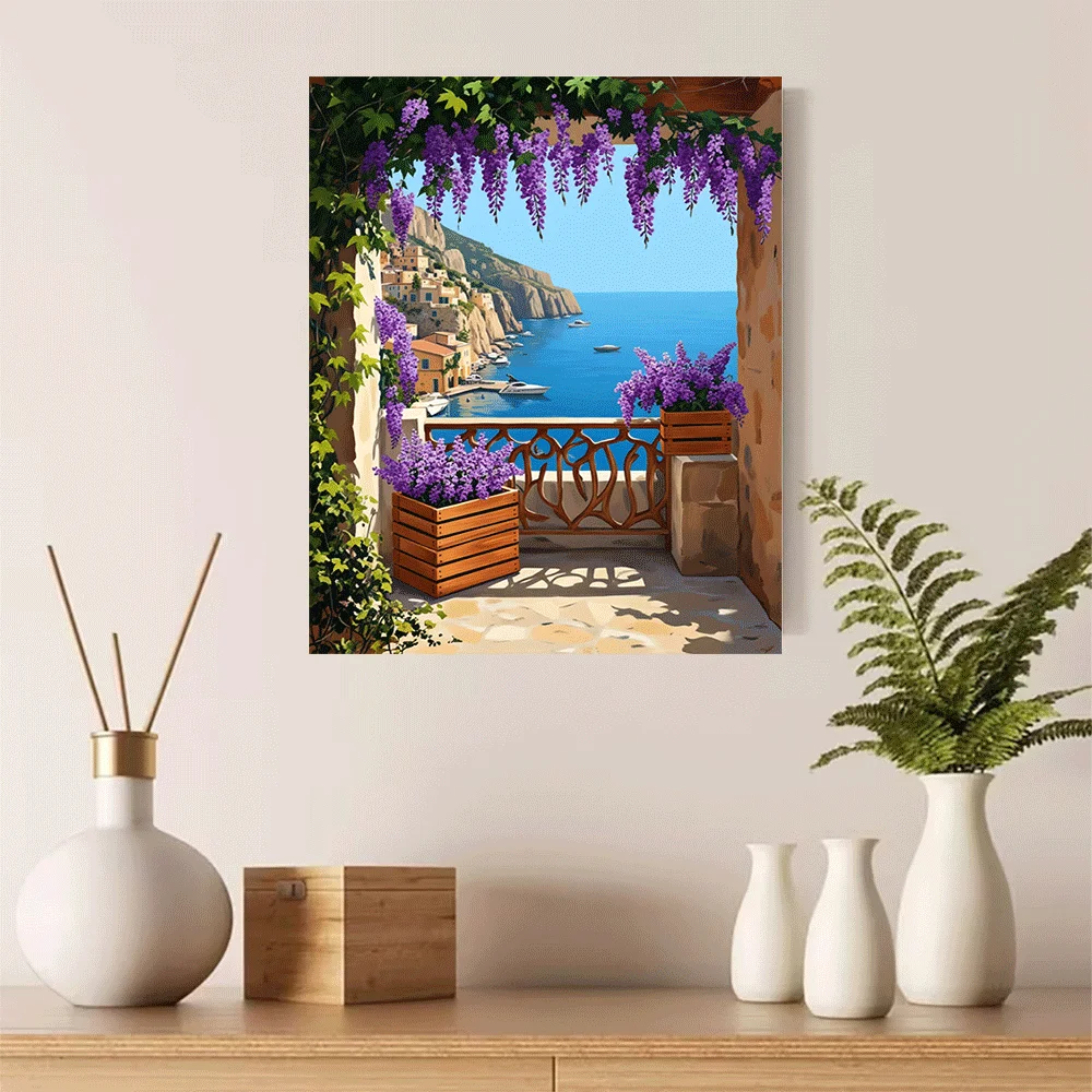 1PC-Canvas poster Unframed  Coastal Balcony View With Purple Flowers And Ocean Landscape  summer