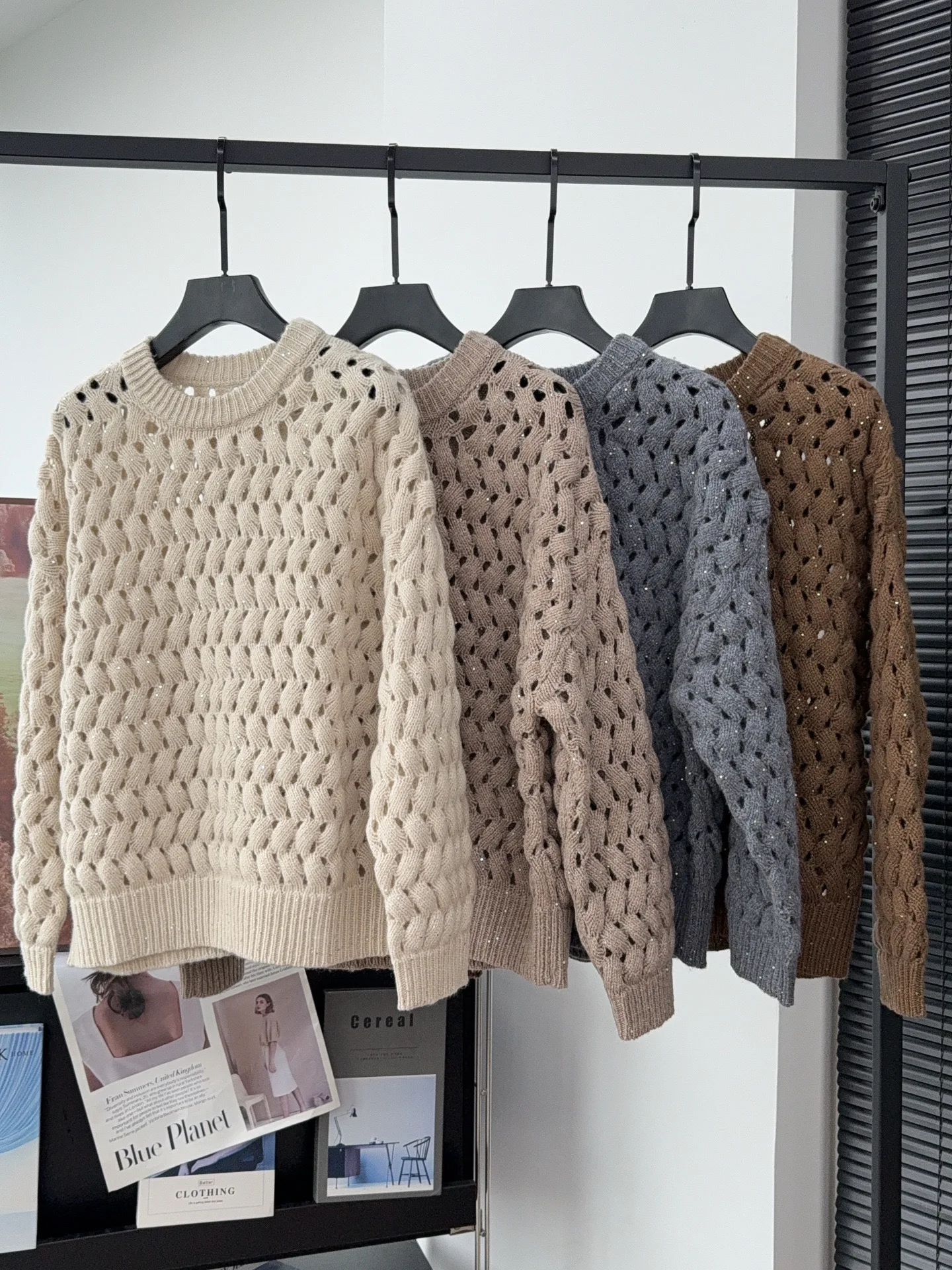 Women's Autumn Wool Knit Sweater with Crew Neck, Sequins, Cut-outs, and Drop-Shoulder Sleeves