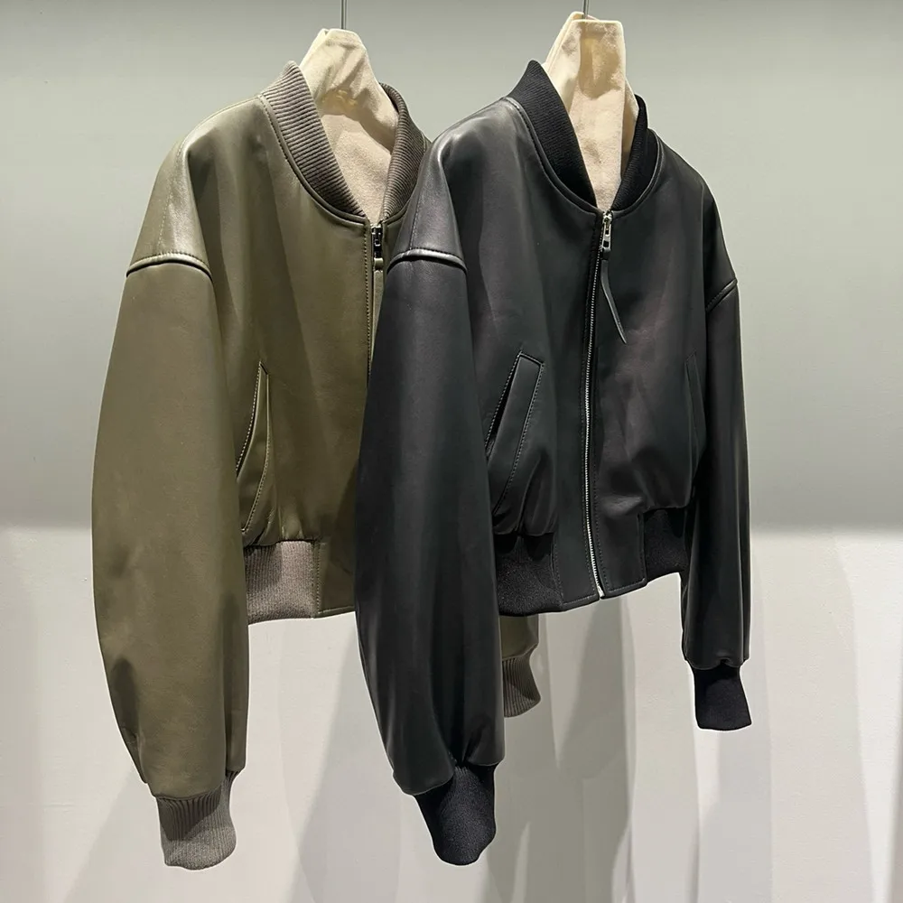 جاكيتات جلدية قصيرة جديدة 100% من الجلد الطبيعي لعام 2026، أزياء الشارع العصرية، معاطف بيسبول من جلد الغنم باللون الأخضر العسكري، جاكيت جلدي نسائي كاجوال