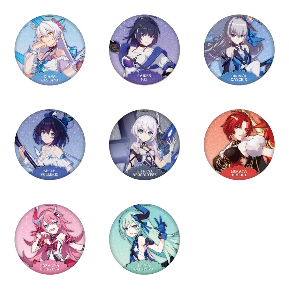 Honkai Impact 3 juego Kiana Kaslana Raiden Mei Bronya Zaychik Seele Vollerei Theresa Murata Himeko 50mm Metal Badge broche Pins