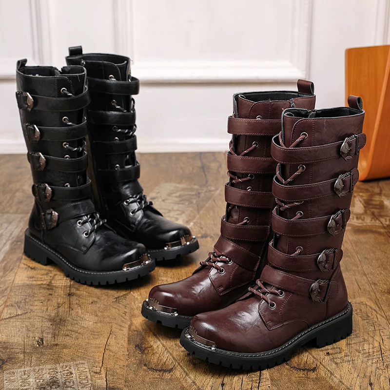 High Quality Men's Knight Boots Men Work Long Boots Metal Buckle Platform Trend Punk Rock Leather Shoes Riding Motorcycle Boots