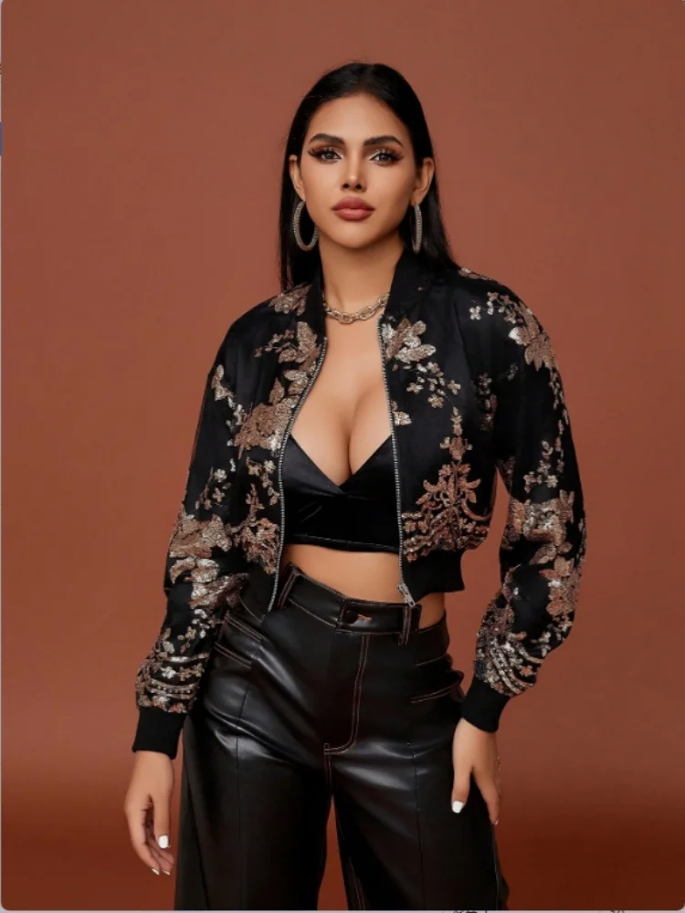 D&M Hot selling 2024 NEW Women Chic Sequin Embellished Short Jacket Casual Round Neck Long Sleeved Autumn Lady Elegant Coats