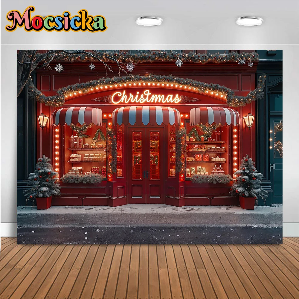 خلفية التصوير الفوتوغرافي لمتاجر هدايا الكريسماس ، متجر قصب الحلوى الحمراء ، خلفية لمعان الشارع ، استوديو فوتوزون للشتاء