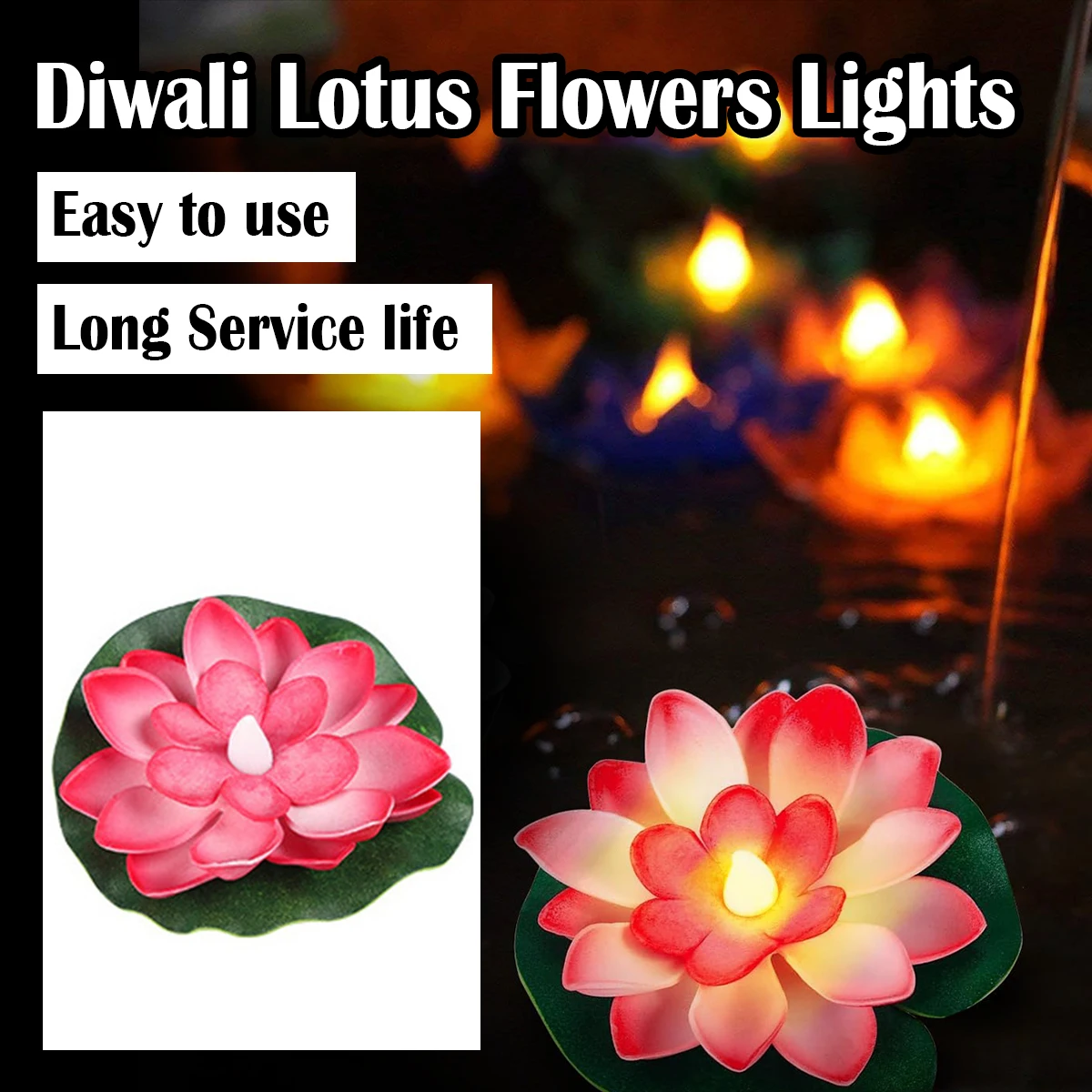 15 / 10cm Diwali Floating induction Lotus Light blanc batterie alimenté imperméable à l'eau lampe Garden night view