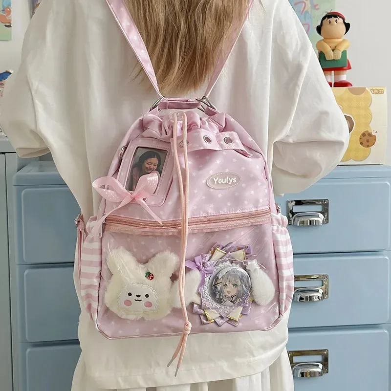 Cute Polka Dot Sweet Ita Backpack Drawstring Doll Bag with Clear Pin Pocket Multi-functional Bag for School Commute & Outings