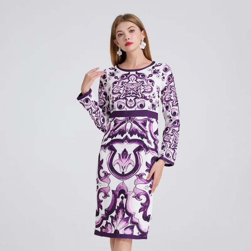 Ele High Waist Printed Long Sve Bodycon Dr Street Sle Autumn Faion for Middle-Aged Women Thiened Fabric
