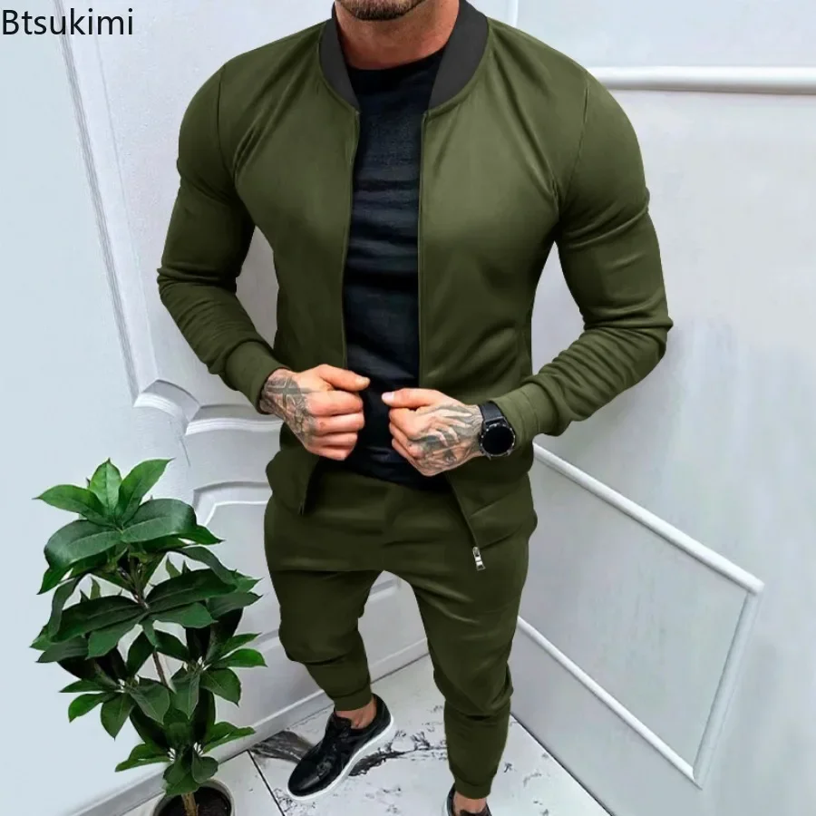 2024 Men\'s Casual 2PCS Pants Sets Solid Slim Tracksuits Sets Man Stand Collar Long Sleeve Zipper Jackets and Trousers Sets Male