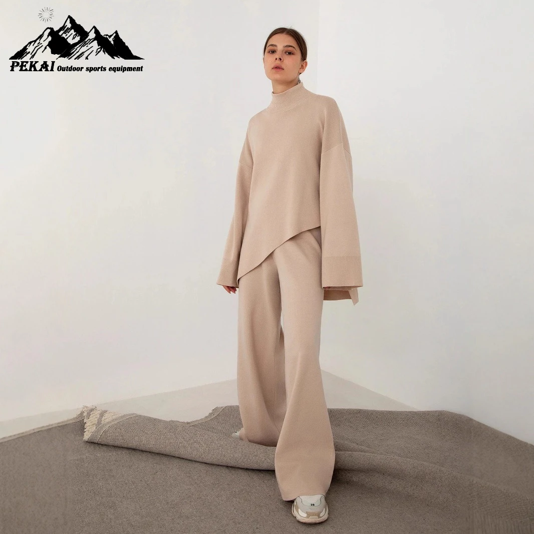 

Half High Neck Sweater Set European American 2025 Irregular Beveled Knitted Wide Leg Pants Two-piece Set Fashionable and Elegant