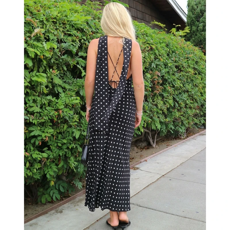 Combhasaki Women Y2k Vintage Dots Print Long Cami Slip Dress Summer Backless Spaghetti Strap Sleeveless Ruffle Dress with Scarf