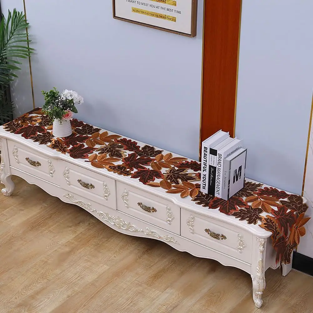 Rustic Maple Leaf Embroidered Table Runner Leaf Pattern Hollow Dinner Mat Multicolor Table Mat Thanksgiving Day