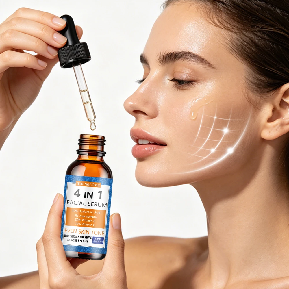 Sérum Facial 4 em 1 Hidratante com Vitamina C, Ácido Hialurônico, Niacinamida e Vitamina E - Sérum Hidratante Diário para uma Pele Uniforme