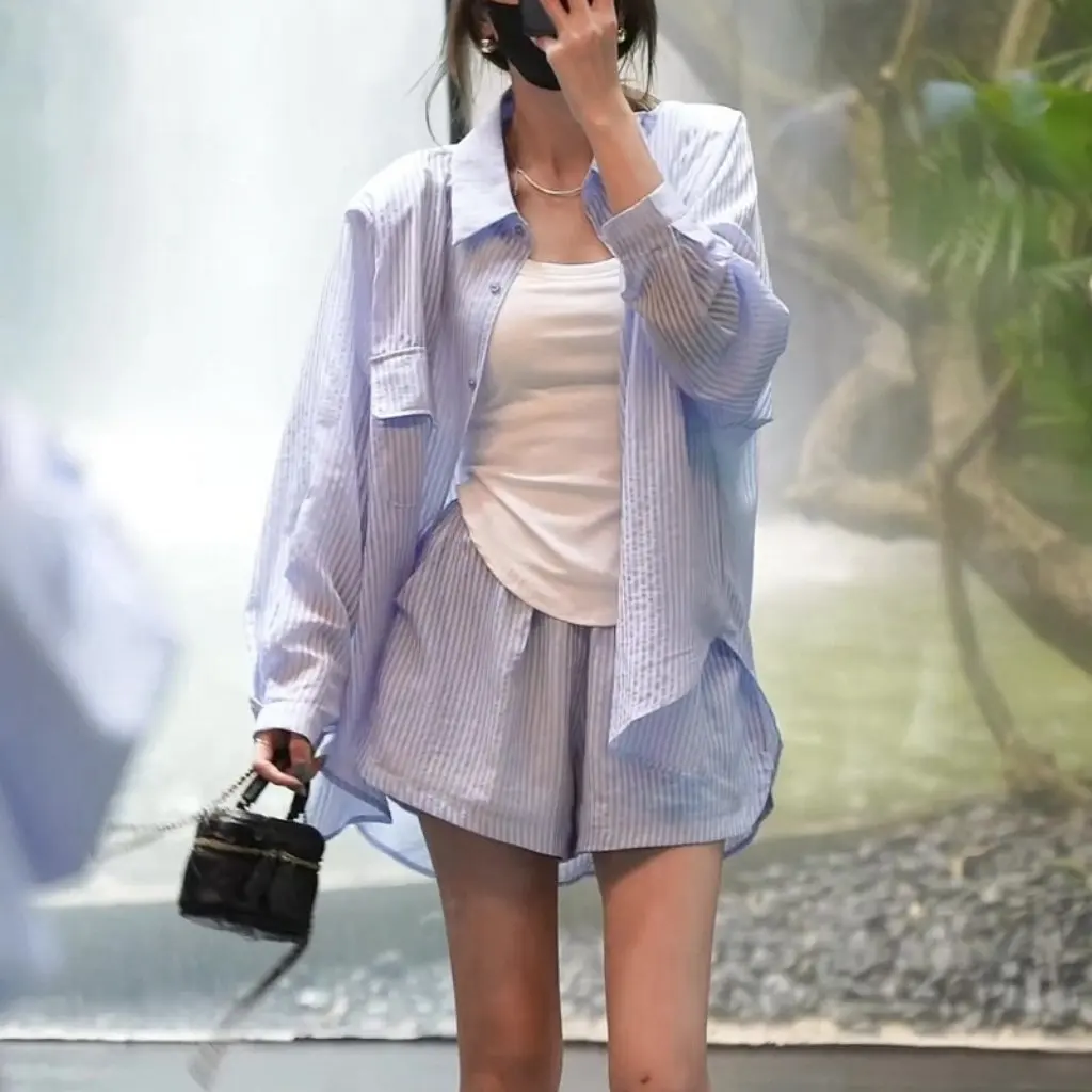 

Женский элитный летний костюм с шортами Sense, солнцезащитная рубашка в королевскую полоску, комплект из двух предметов на весну и осень