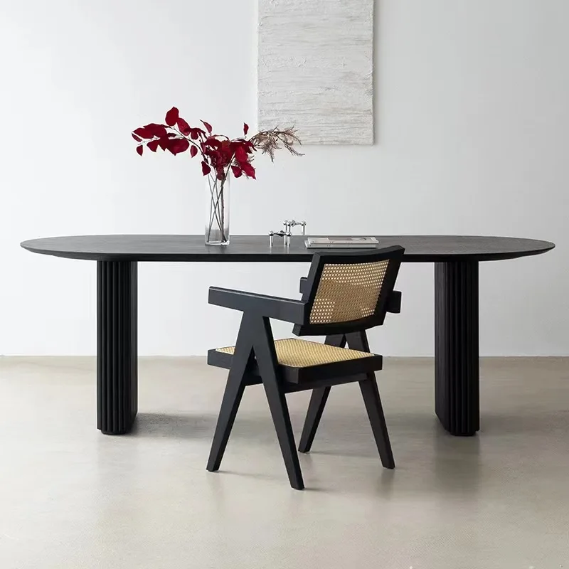 Wabi Sandy Wind Solid Wood Dining Table and Chair Combination Small Apartment Oval Household Black Table Studio Office Desk