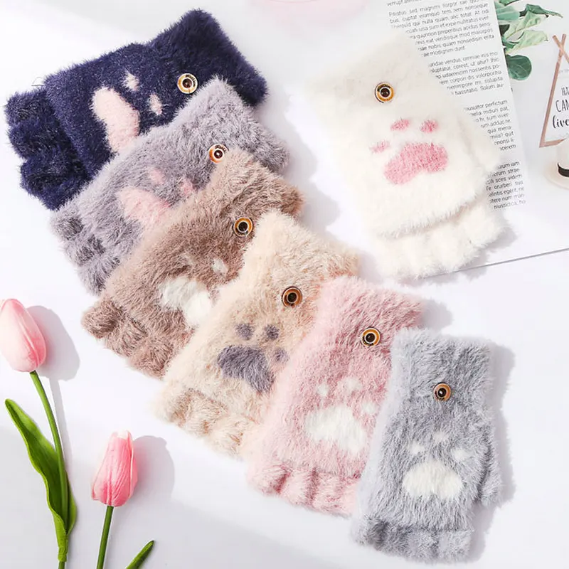 Soft Plush Cat Paw Half Finger Gloves Women Kawaii Short Fingerless Mittens Warm Winter for Girls Cute Fashion Gift